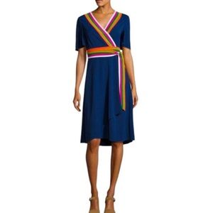 Tory Burch Peggy Wrap Dress Size 2 Navy Sea Soul Stripe + Multicolour Accents